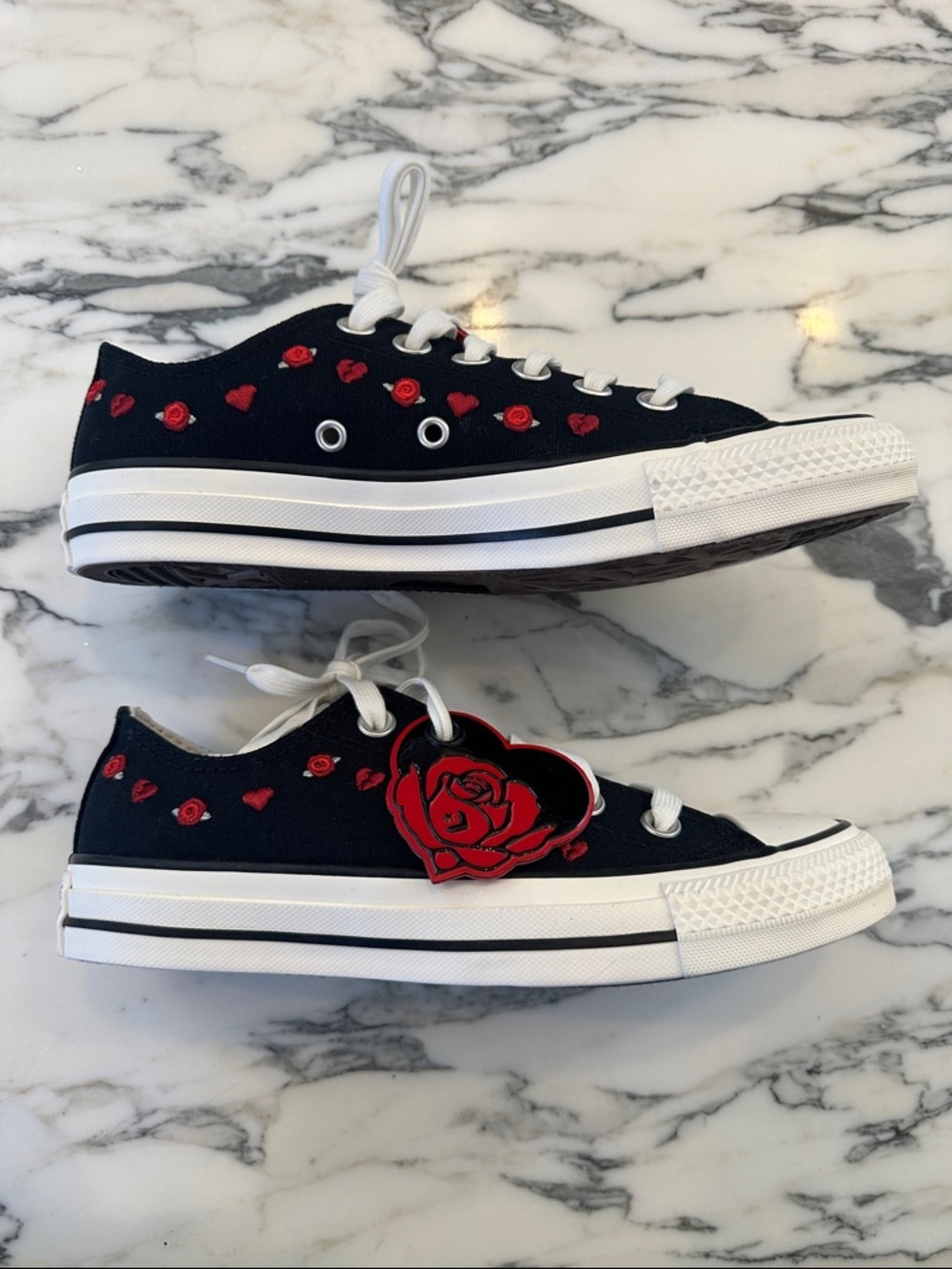 Converse Embroidered Hearts Black Low Tops All Stars Whimsigoth Retro NWOB 6.5